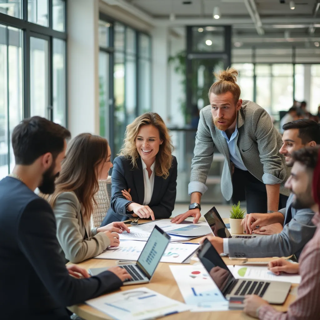Equipo de consultores colaborando en una reunión estratégica
